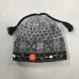 Classic Alpaca Beanie Women OS Grey Excellent Floral Embroidered Fleece Lined